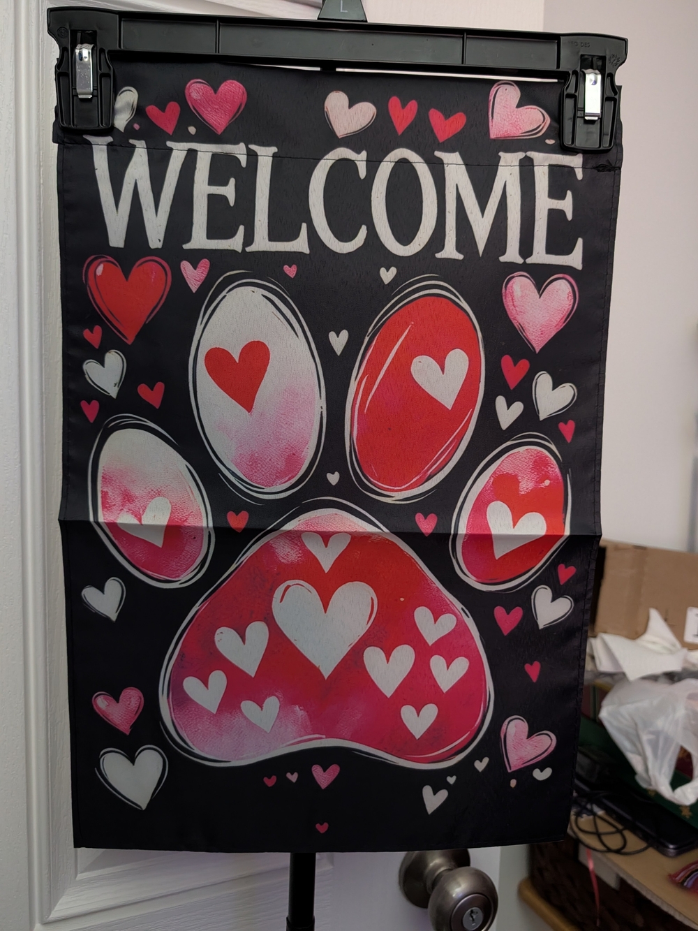 Welcome Paw Print Heart Garden Flag Thin Lettering